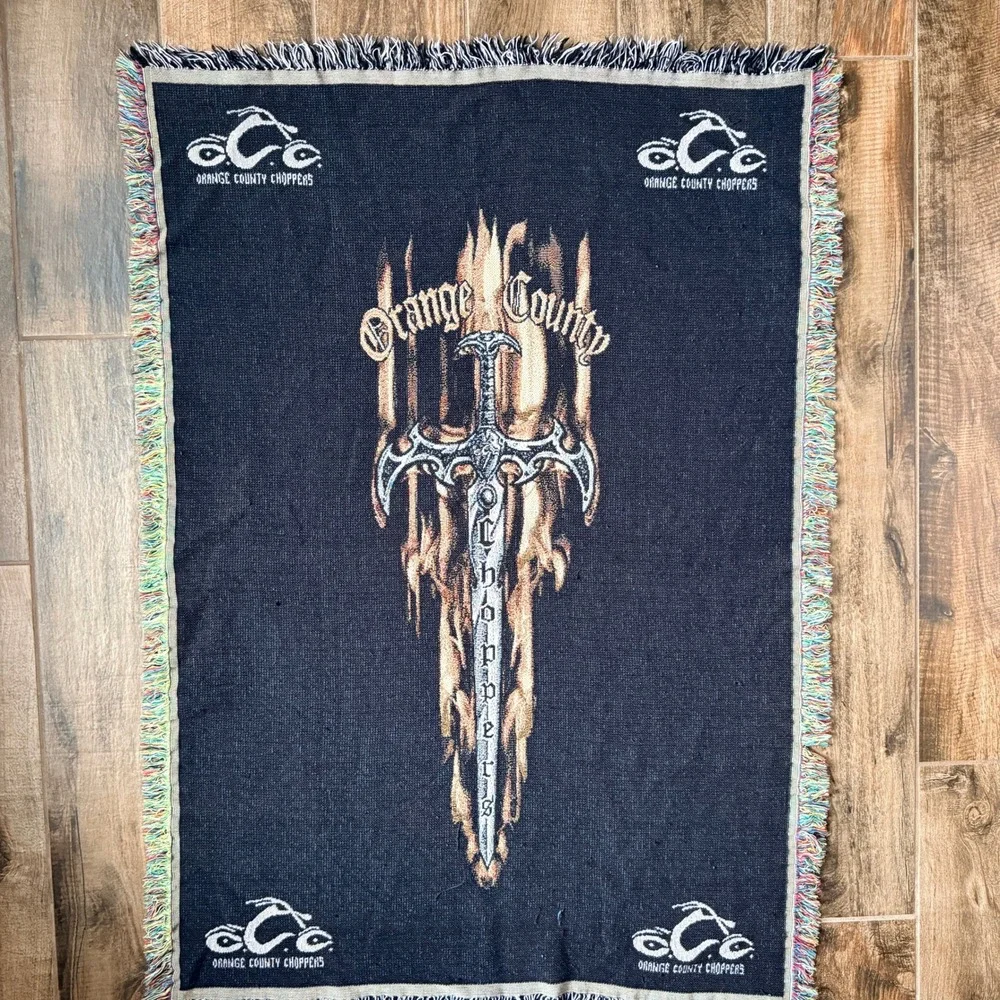 Orange County Choppers Y2K Sword Flame OCC Logo Woven Tapestry Blanket, Black,OS
